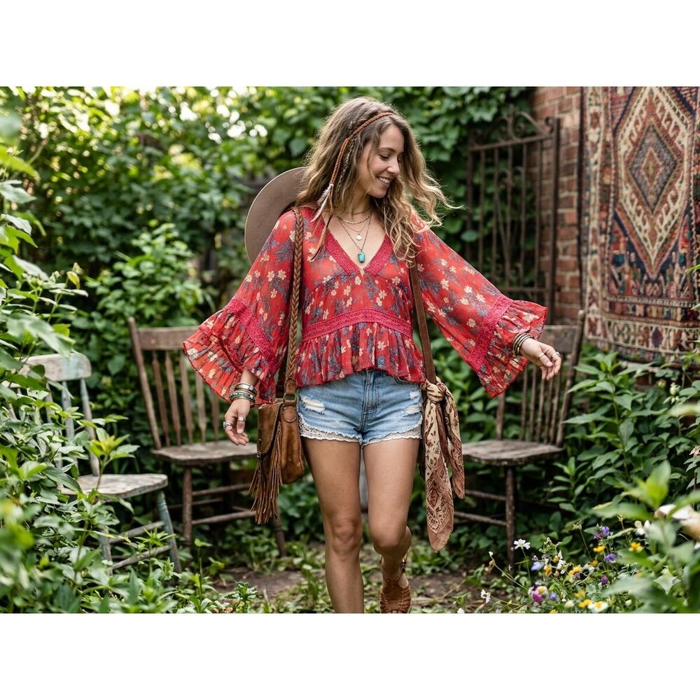 Free People Cupro Floral Boho Blouse Sm Red Lace Trim Bell Sleeve Sheer Festival
